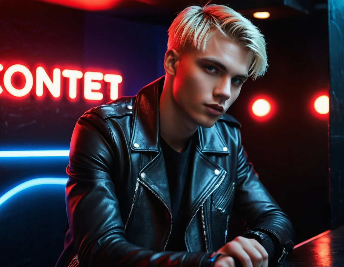 Hyper realistic, dark vibes, solo, young male fashion model, round face shape, 22 years, pale skin, blue eyes, (short cropped textured blond hair:1.1), tussled side swept fringe, black leather jacket, (holding knife:1.1), dark lighting, in luxury night club room, (smirk:1.1), (red neon sign in background that says "CONTEXT":1.1)