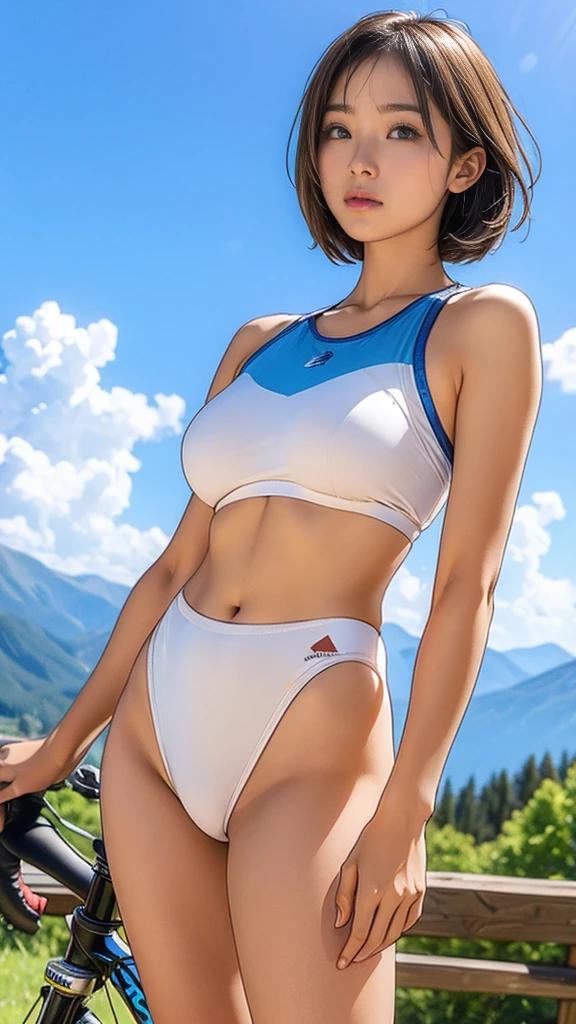 (girl, 12 years old, Same height :1.2) , (Large Breasts:1.2, No bra:1.2), masterpiece,Mountain bike,Cycling Enthusiasts,beautiful girl,Professional attire,Blue sky and white clouds,8k, 日本のgirl , Very short hair , Camel Toe, (High color saturation:1.0), (skin is very delicate), (Highest quality:1.0), (Ultra-high resolution:1.0) ,(Actual:1.0), (Very detailed:1.0), (8k, RAW Photos:1.1)