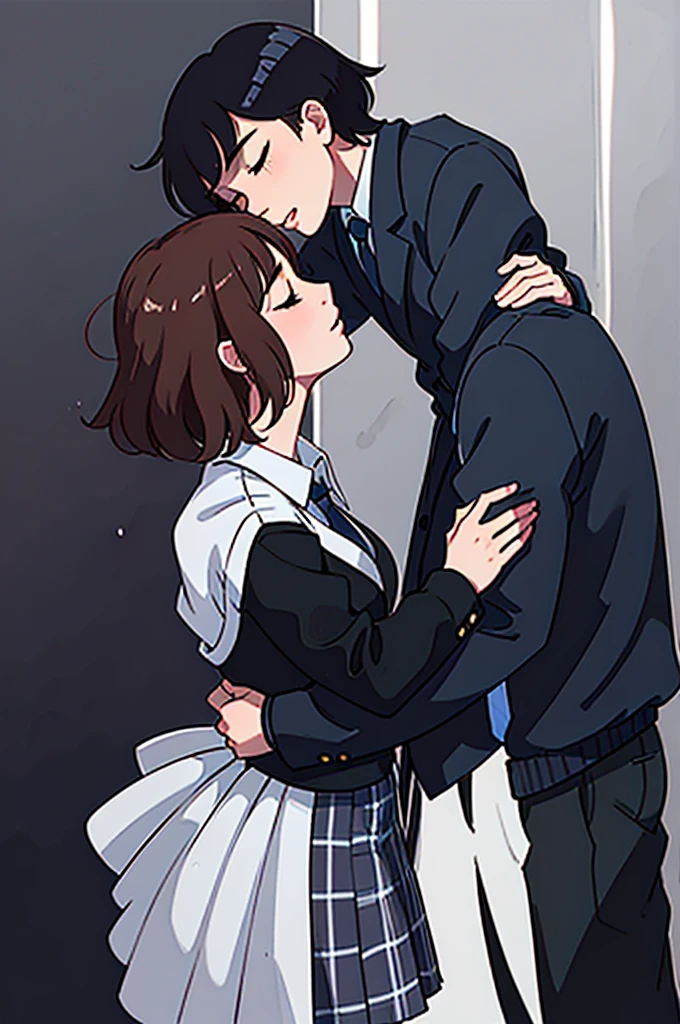NSFW, anime, realistic,best quality, masterpiece,1girl, deepthroat, hand on head, blowjob, sucking a cock with a cock in her mouth, irrumatio, tears, close eyes, completely, (Crying a lot:1.2), (Nose Blush:1,2) ,  Sweaty, orgasm face, cute, shaven head boy, nude boy, orgasm face, hetero, clothed, pantyhose, skirt, brown hair, mole under eye, mole, hair ornament, hairclip,short hair,, long sleeves, bangs, sweater, black sweater, purple eyes, higuchi_madoka , sbr,  (side view:1.2), face in profile, face close up, cute, cute face