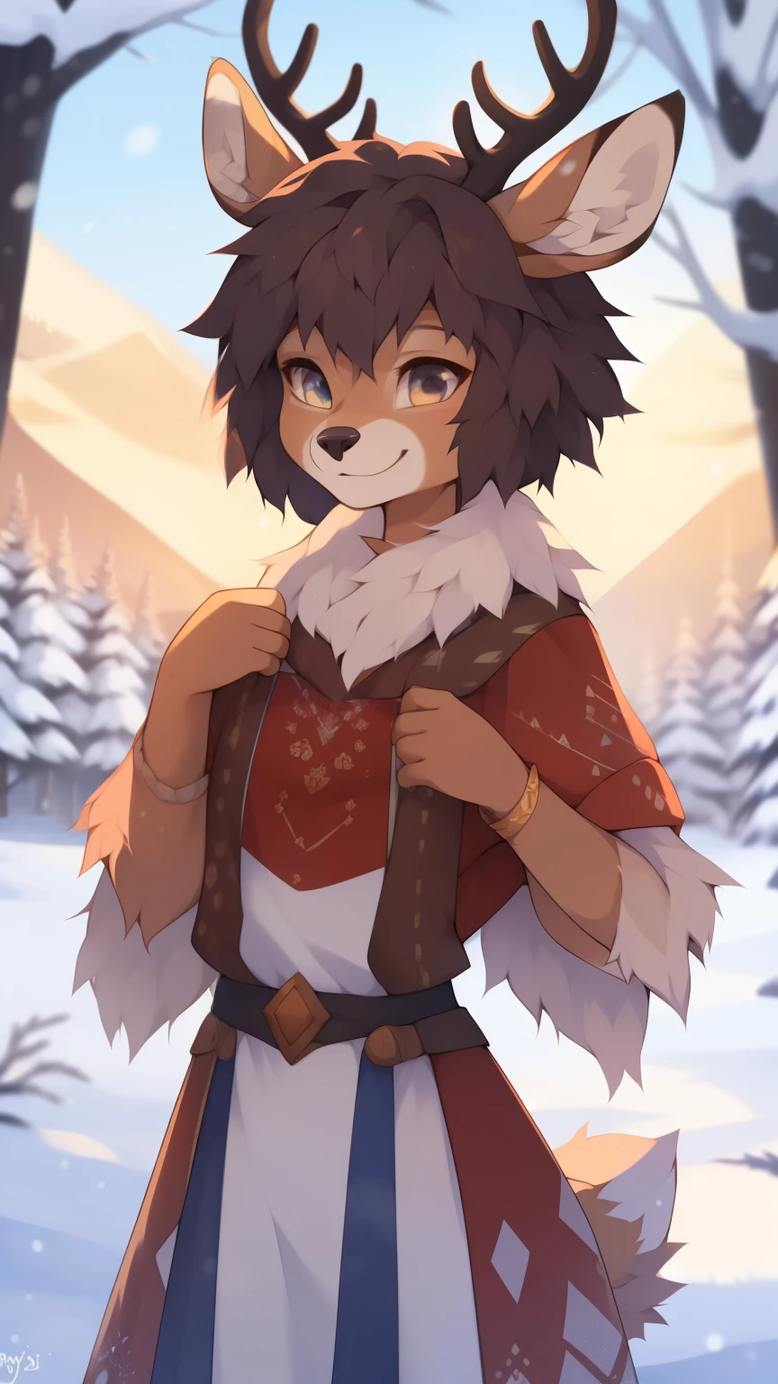 ((by reysi)), Best quality, Super detailed illustration, (fluffy deer boy:1.4) , feminine face and body, disheveled thick hair, warm clothes of the northern peoples, warm colors, decorations on clothes, smug smile, against the backdrop of a winter forest and high snow-capped mountains ,a femboy ,small waist, wide hips, slim, perfect body, DND Style