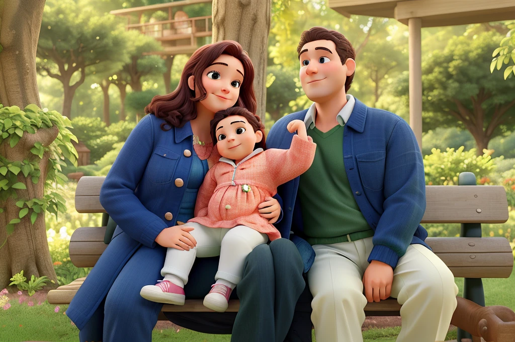 Mom and Dad holding their  daughter on a garden bench amidst trees and lots of green Disney Pixar style, alta qualidade, melhor qualidade