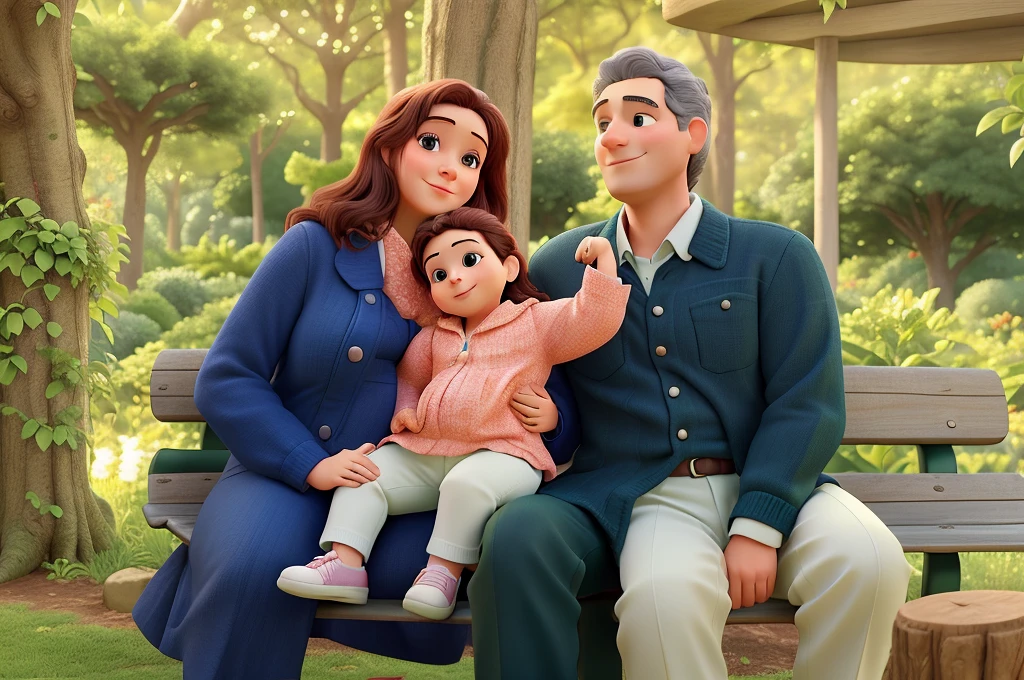 Mom and Dad holding their baby daughter on a garden bench amidst trees and lots of green Disney Pixar style, alta qualidade, melhor qualidade