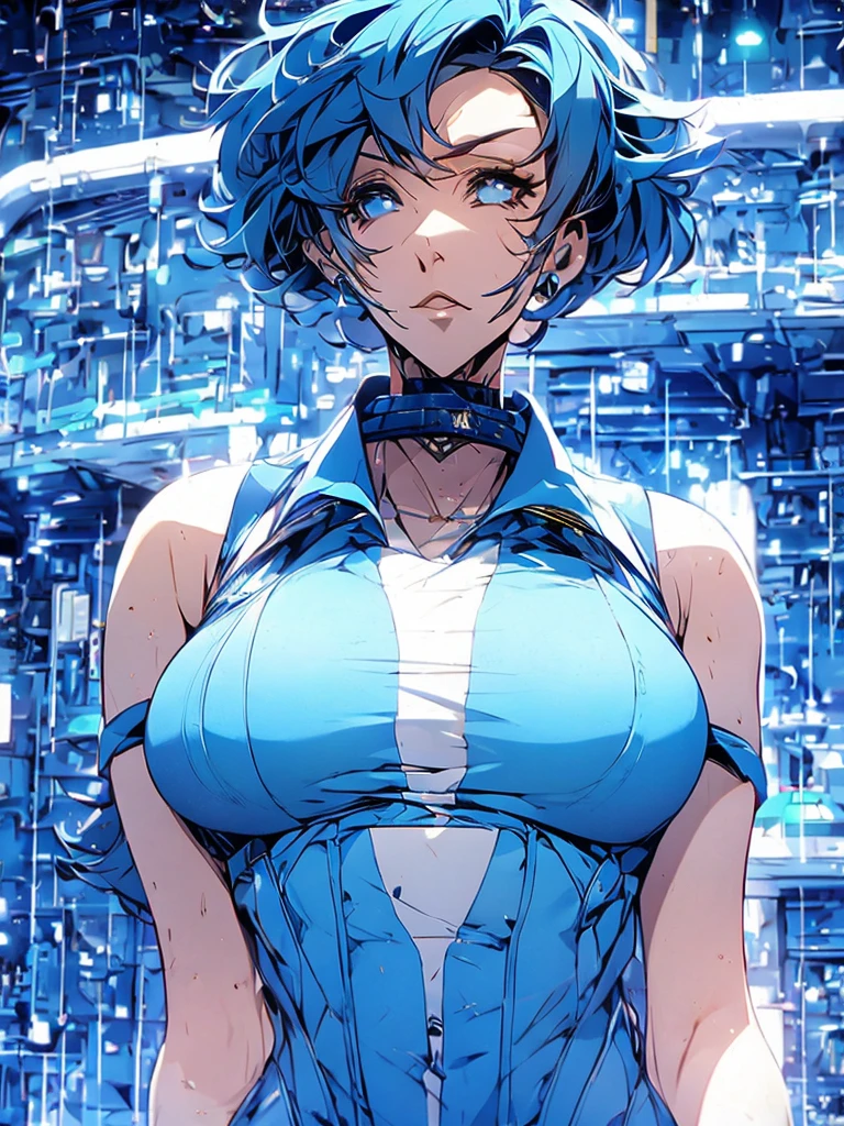 Sailor mercury in full police  suit,long blue hair,Blue Power Ranger, hurricane ,Sexy goth woman big breast, character sheet,inside a pool,High Resolution, Large breasts, cyber samurai,
￼