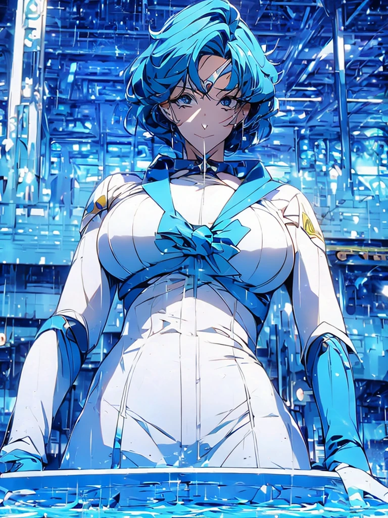 Sailor mercury in full police  suit,long blue hair,Blue Power Ranger, hurricane ,Sexy goth woman big breast, character sheet,inside a pool,High Resolution, Large breasts, cyber samurai,
￼