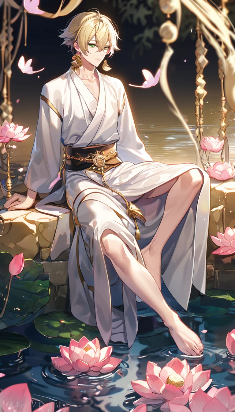 (absurd, highres, ultra detailed, HDR), masterpiece, best quality, perfect face, fine features, bright green eyes, solo, male, handsome, Taishakuten, ash blonde hair, hair between eyes, white tunic, chest, lotus earrings, onmyoji , pink petals, pink butterflies, sitting on the shore of a lake, looking at the water, full body image, perfect anatomy, athletic,
