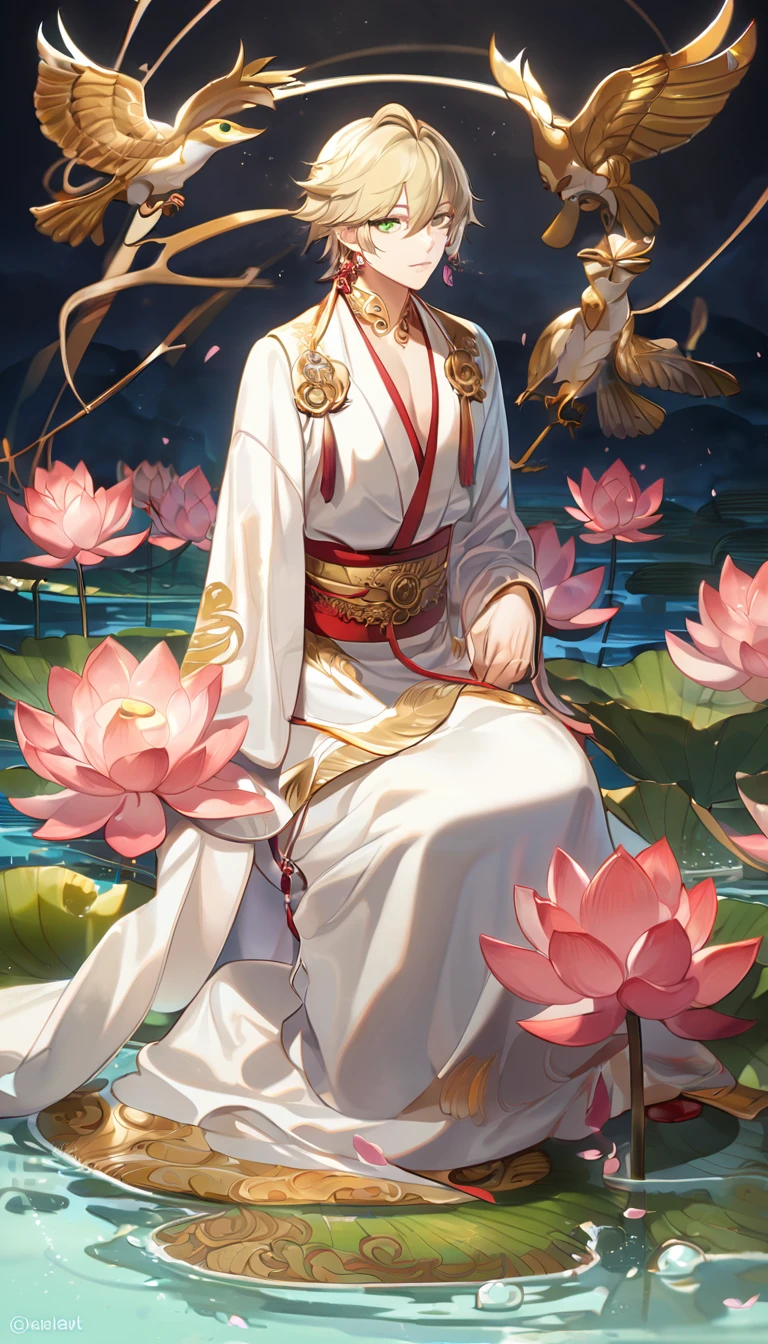 (absurd, highres, ultra detailed, HDR), masterpiece, best quality, perfect face, fine features, bright green eyes, solo, male, handsome, Taishakuten, ash blonde hair, hair between eyes, white tunic, chest, lotus earrings, onmyoji , pink petals, pink butterflies, sitting on the shore of a lake, looking at the water, full body image, perfect anatomy, athletic,