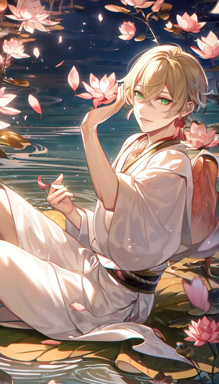 (absurd, highres, ultra detailed, HDR), masterpiece, best quality, perfect face, fine features, bright green eyes, solo, male, handsome, Taishakuten, ash blonde hair, hair between eyes, white tunic, chest, lotus earrings, onmyoji , pink petals, pink butterflies, sitting on the shore of a lake, looking at the water, full body image, perfect anatomy, athletic,