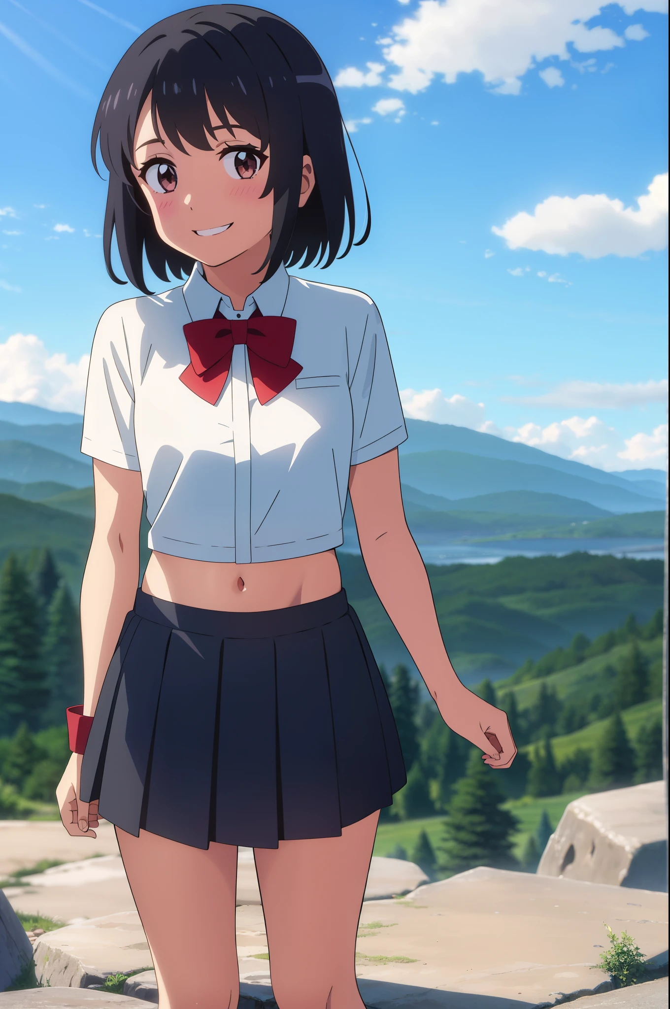 shinkai makoto, kimi no na wa., 1girl, bangs, black hair, blush, expressive eyes, brown eyes, perfect face, looking at the viewer, white shirt, exposed navel, bare shoulders, red headband, red bow, black skirt, short hair, solo, outdoors, shinny skin, smile, cute, grin, cloudy, blue sky, mountains, rocks, standing, (masterpiece), best quality