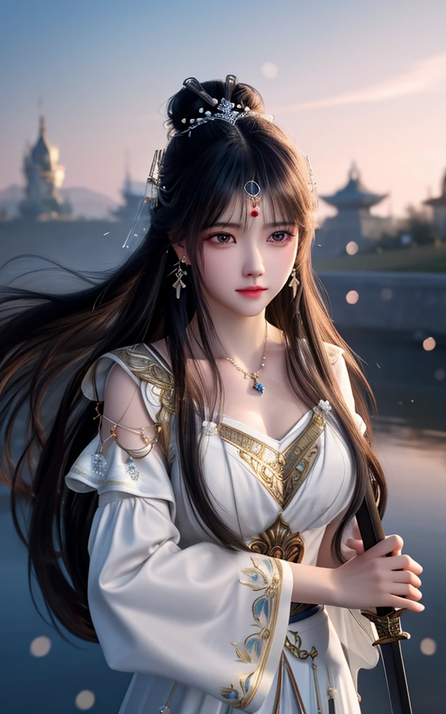 best quality,masterpiece,highres,cg,
1girl,weapon,sword,long hair,dress,water,solo,jewelry,white dress,earrings,hair ornament,splashing,upper body,hair bun,black hair,
lighting,candid,Photograph,high resolution,4k,8k,Bokeh,