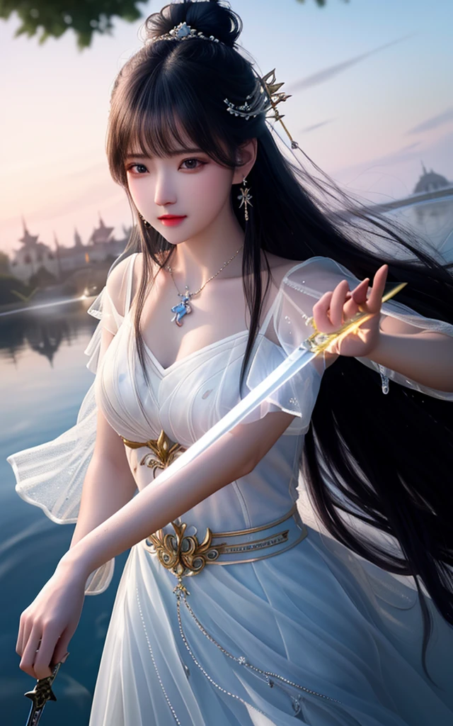 best quality,masterpiece,highres,cg,
1girl,weapon,sword,long hair,dress,water,solo,jewelry,white dress,earrings,hair ornament,splashing,upper body,hair bun,black hair,
lighting,candid,Photograph,high resolution,4k,8k,Bokeh,