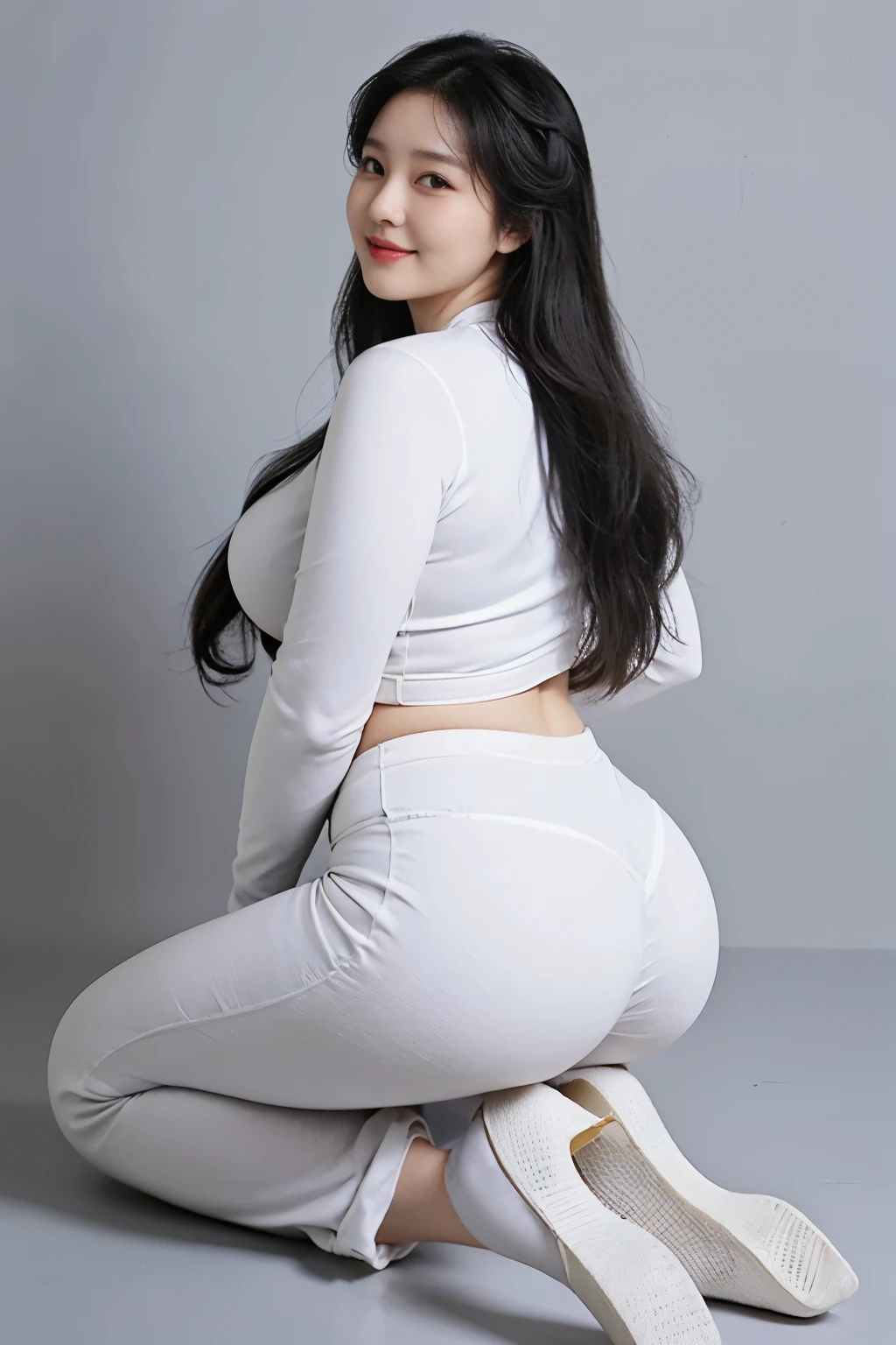 Curvy chubby wavy long hair, smile, Korean adult women, white yoga pants, white shirt, wide curvy tall body, show feets, show heels, long legs, show alls body realistic detailed, ultra sharp highest quality, 8k, perfect white skin, texture skin realistic detailed, perfect texture ???????????? detailed, sexy lust pose, cafe seen crowd, face realistic detailed, tight medium , tight nipples, tight curvy wide big booty, cameltoe big pussy lips cleavage detailed, wide waist, perfect wide hips, sexy abs,beauty,korean face,