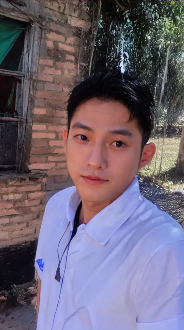 ((Highest quality, 8k, Masterpiece: 1.3))、Thailand Laos Burma Asia, Thai man, A handsome Asian rugby player with short hair, a muscular beard, and big muscles., １A man who has、20 yo、Good appearance、Beautiful nose、smile、 Detailed eyes and face、beautiful light、(studio)、high resolution、（Look at the viewer.）、Fine mouth、smile、whole body: 1.5, perfect shape: 1.3, looking at camera ,black polo shirt, ((field)), sunlight looking at the field