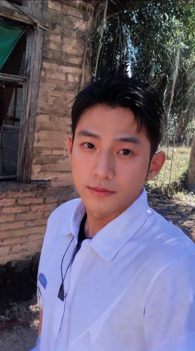 ((Highest quality, 8k, Masterpiece: 1.3))、Thailand Laos Burma Asia, Thai man, A handsome Asian rugby player with short hair, a muscular beard, and big muscles., １A man who has、20 yo、Good appearance、Beautiful nose、smile、 Detailed eyes and face、beautiful light、(studio)、high resolution、（Look at the viewer.）、Fine mouth、smile、whole body: 1.5, perfect shape: 1.3, looking at camera ,black polo shirt, ((field)), sunlight looking at the field