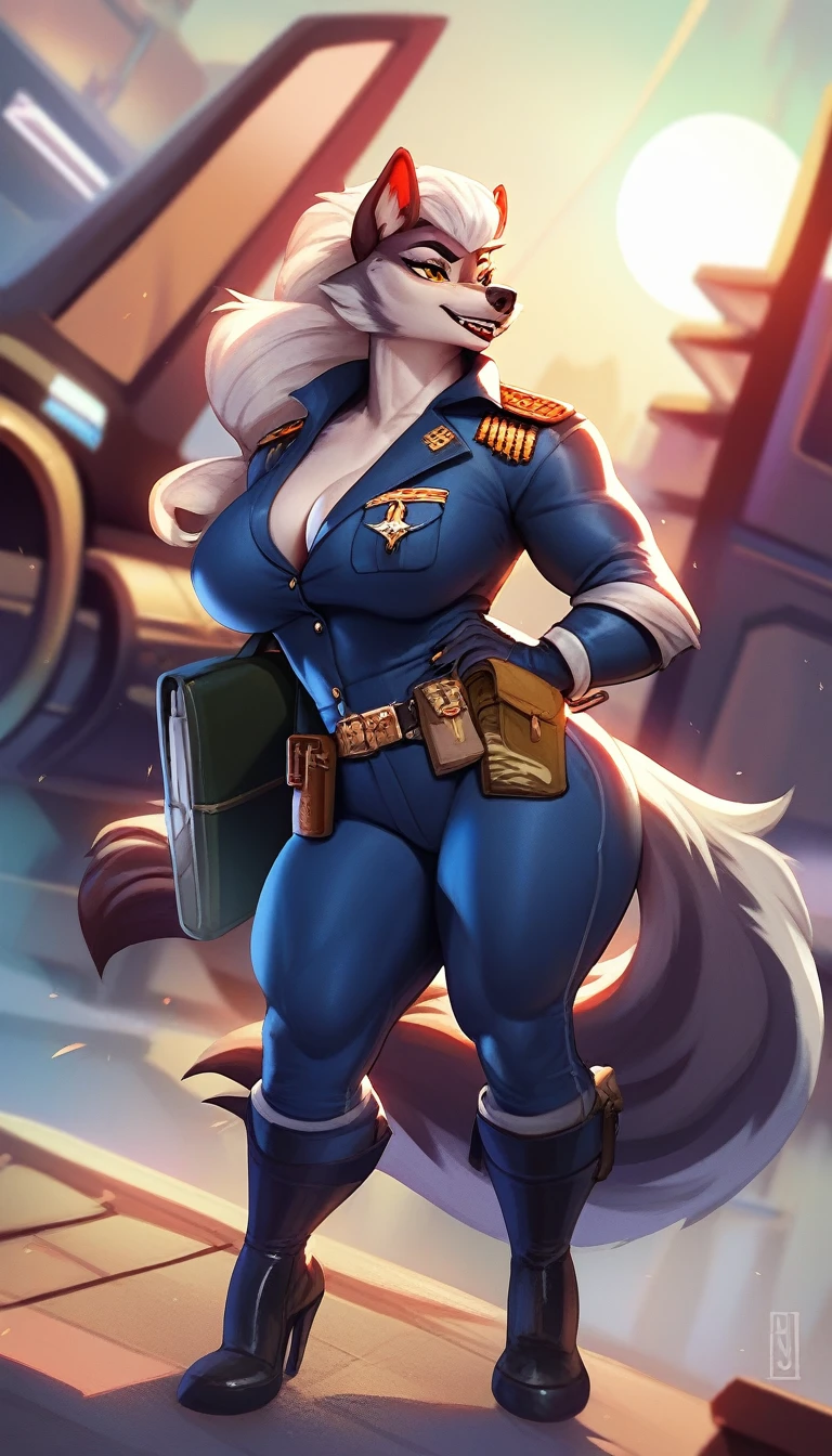 Solo, female, anthro wolf, muscular, voluptuous, commander, military outfit, spaceship, art in anime style A lone, alluring anthro wolf woman stands at the helm of her spaceship, exuding confidence and power in her muscular figure. Her voluptuous curves are accentuated by the tight-fitting military uniform she wears, with intricate details and no shortage of shimmering metallic accents. Her golden eyes, reminiscent of the sun, pierce through the darkness of space, reflecting her unwavering determination as the captain of this galactic vessel. Her fur, a stunning mix of silver and grey, cascades down her
