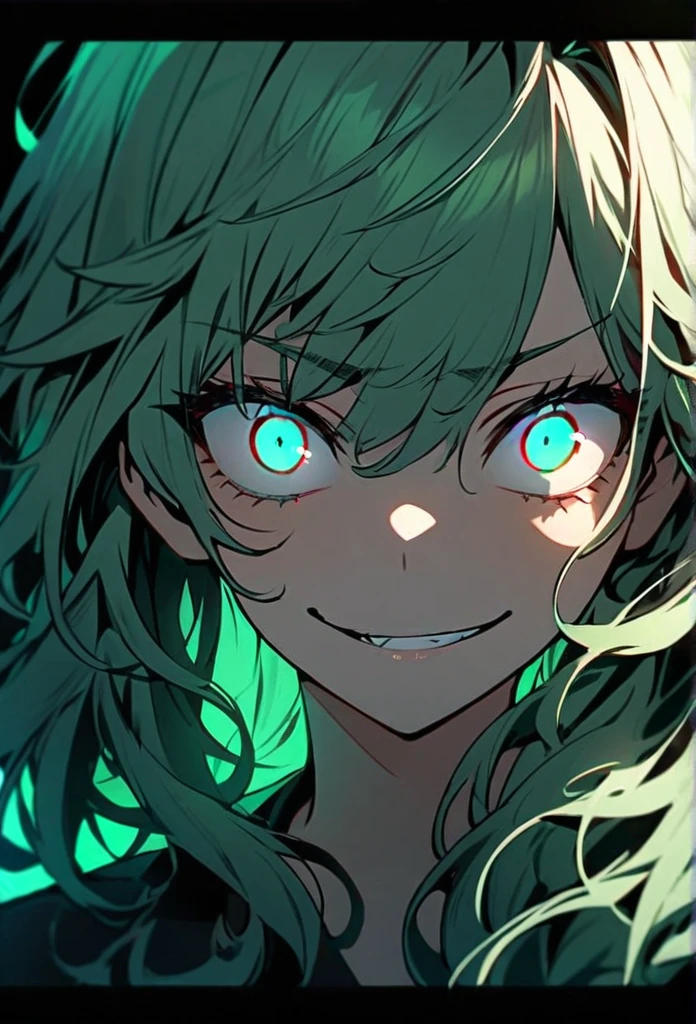 Handsome, solo, 1 girl, light green hair, cyan eyes, 1 girl, beautiful, long hair, detailed, Messy Hair, Hair Over Shoulder, Glowing Light, Bright Pupils, Smirk, Wide-Eyed, Evil Smile, Amber Eyes,