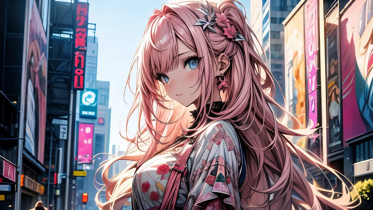 an anime girl, beautiful, pink hair, blue eyes, ojos beautifuls y definidos, modern pink dress, in the background of the city, beautiful, very detailed graphics, modern style art