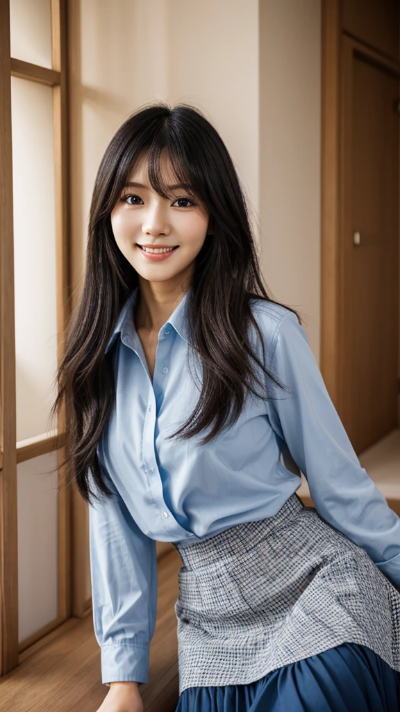 Beautiful Japanese woman, Perfect face with soft skin, Small face, nose and lips like a rose., beautiful eyes, beautiful smile. black, Beautiful, thin, long hair bathed in a radiant shine.. Gradient gray highlights layered, medium, fluffy, loose hairstyle., Navy blue band collar shirt × yellow houndstooth flared skirt, neon colorful background, Very realistic photos of women, High-quality 8K high-resolution masterpieces