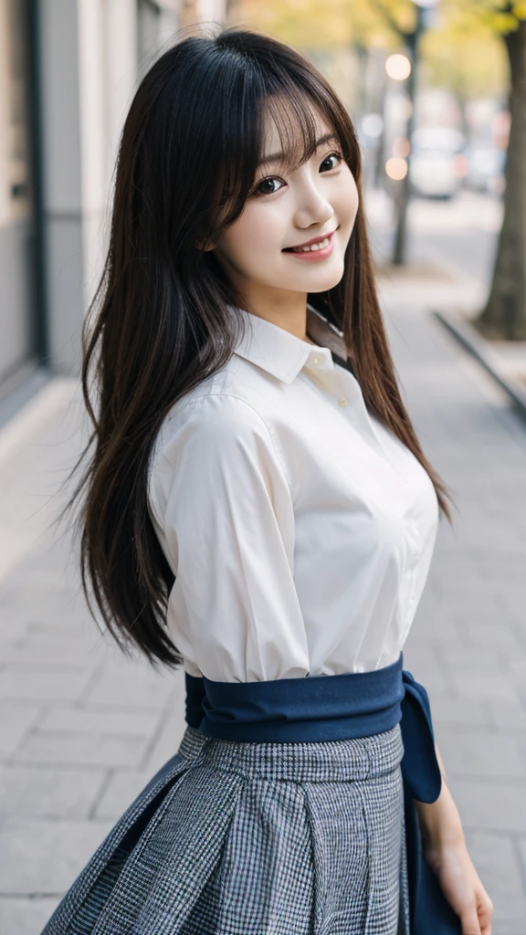 Beautiful Japanese woman, Perfect face with soft skin, Small face, nose and lips like a rose., beautiful eyes, beautiful smile. black, Beautiful, thin, long hair bathed in a radiant shine.. Gradient gray highlights layered, medium, fluffy, loose hairstyle., Navy blue band collar shirt × yellow houndstooth flared skirt, neon colorful background, Very realistic photos of women, High-quality 8K high-resolution masterpieces