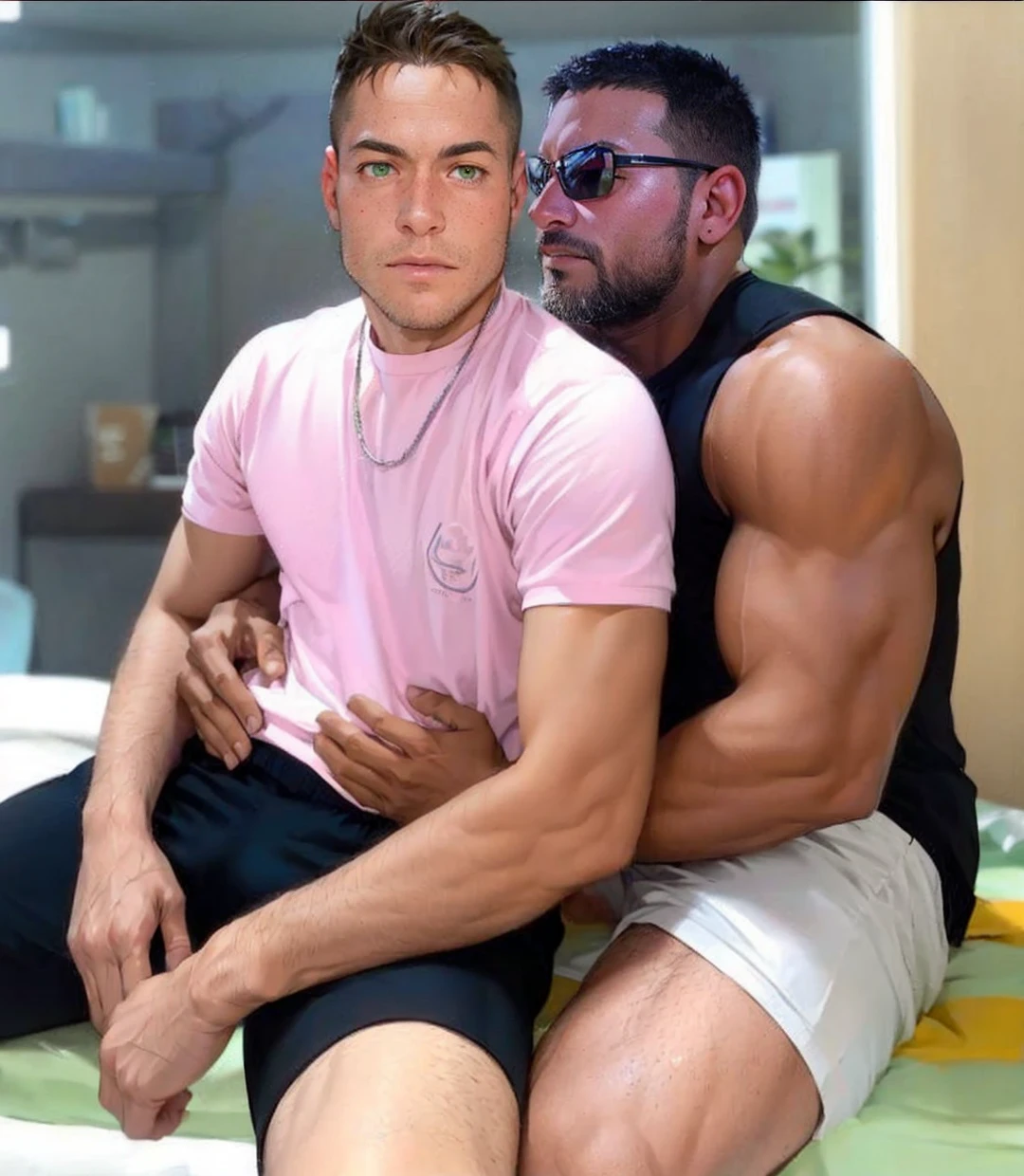 A boy, Tez blanca, bodybuilder, muscular, adolescent, black fur, black short shorts, a bulge in his shorts, shirtless, lying on a bed, seductive look, hands behind the head, legs raised and crossed, green eyes 