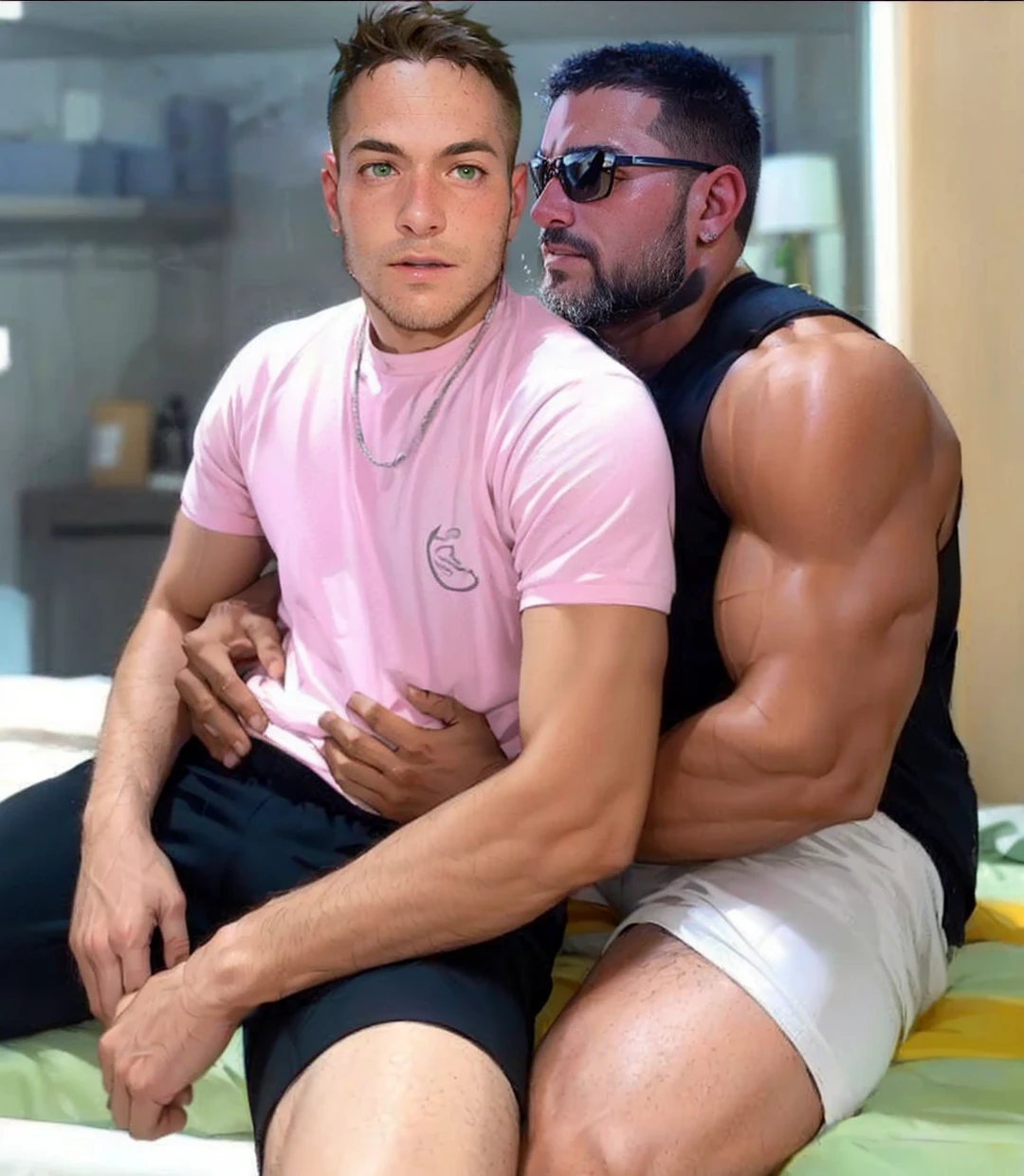 A boy, Tez blanca, bodybuilder, muscular, adolescent, black fur, black short shorts, a bulge in his shorts, shirtless, lying on a bed, seductive look, hands behind the head, legs raised and crossed, green eyes