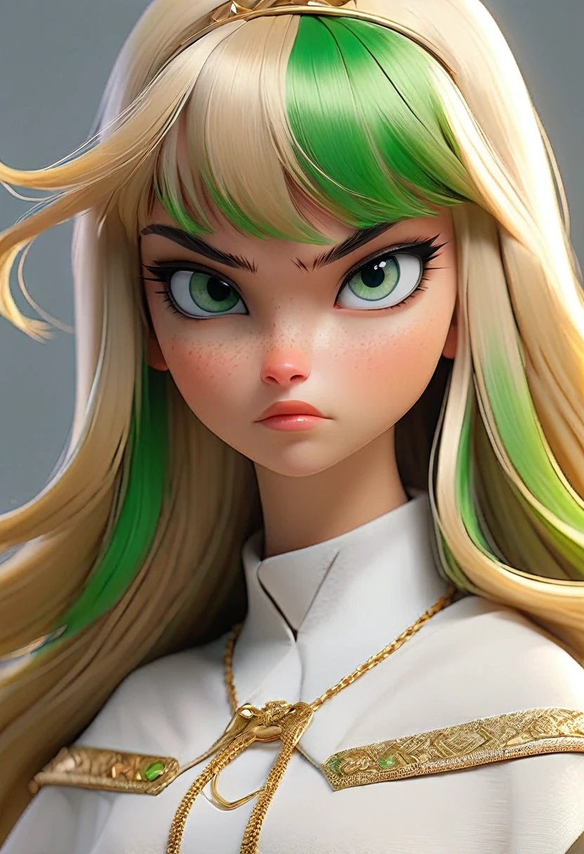 long, straight, blonde-haired, with bangs, green-eyed, serious and arrogant super model girl There is a white abadoc on his head