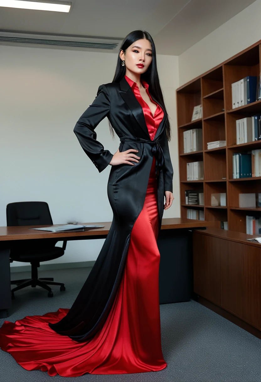 a se in the translucent red silk gown, full body,black long straight hair,wear office blazer ,brest expose , half neked, tied tight,mermaid tight long gown, flowy dramatic long gown, double long satin train ( 4 meter long ),in office room, wear high heels, having trouble with her gown, masterpice, 4k resolution, ultra-realistic, highly detail.