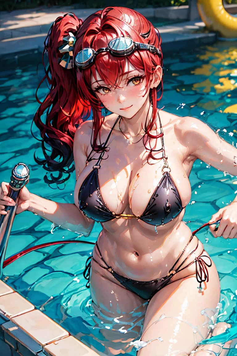 masterpiece,best quality,ultra-detailed,high resolution,beautiful detailed eyes,zara_azurlane,red_hair, long_hair, breasts, bangs, blush, side_ponytail, large_breasts, swimsuit, bikini, cleavage, black_bikini, collarbone, smile, wet, goggles, yellow_eyes, goggles_on_head, o-ring, o-ring_bikini, hair_ornament, ahoge