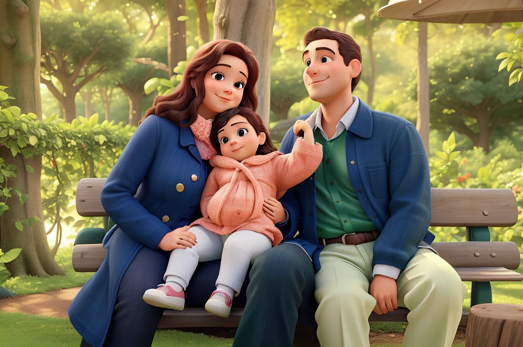 Mom and Dad holding their baby daughter on a garden bench amidst trees and lots of green Disney Pixar style, alta qualidade, melhor qualidade