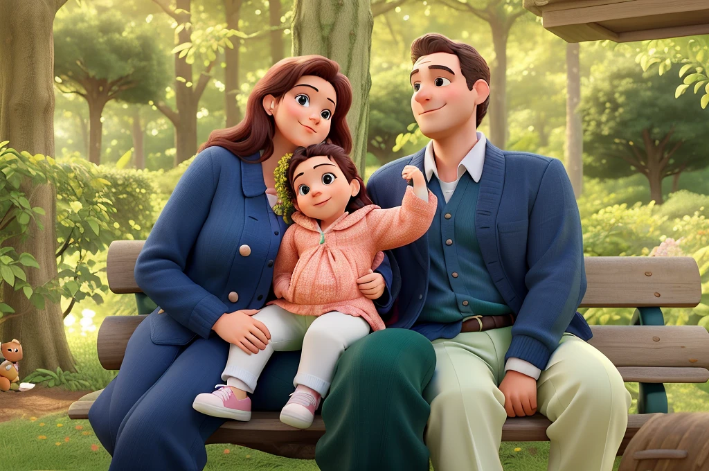 Mom and Dad holding their baby daughter on a garden bench amidst trees and lots of green Disney Pixar style, alta qualidade, melhor qualidade