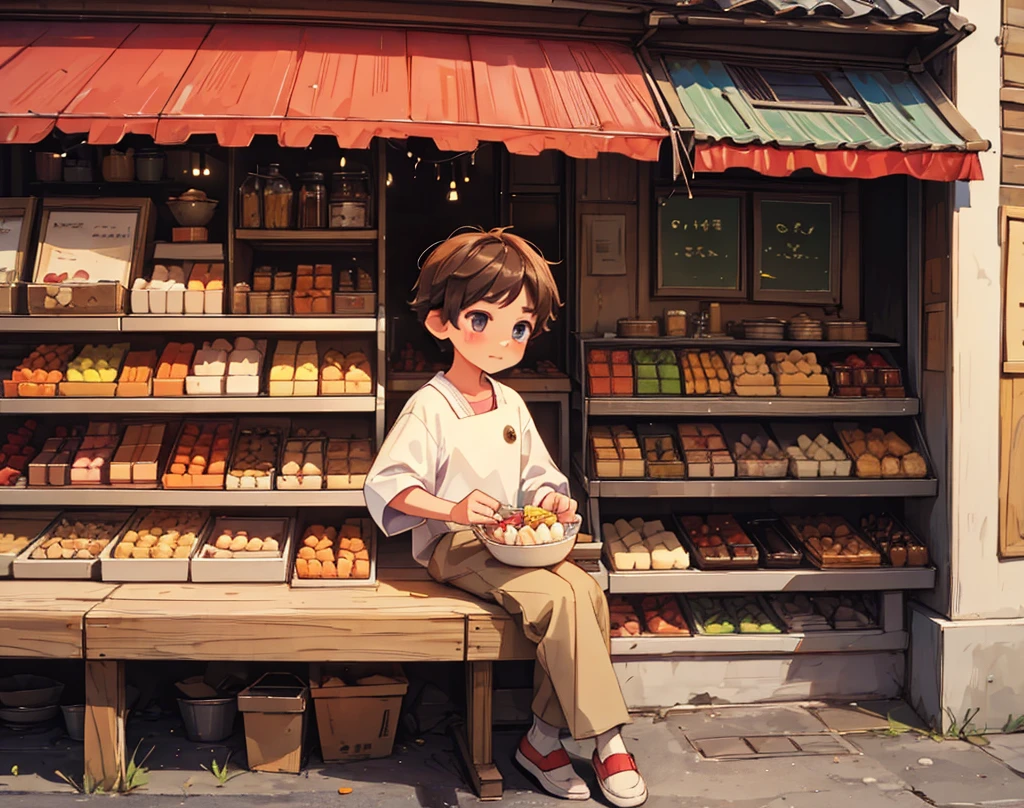 "Villager (boy) orders sweets from the confectioner, who prepares them sneakily."