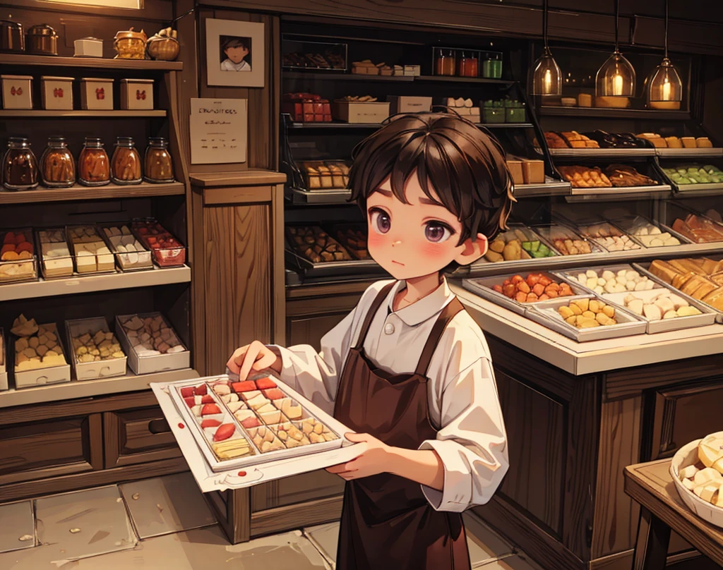 "Villager (boy) orders sweets from the confectioner, who prepares them sneakily."