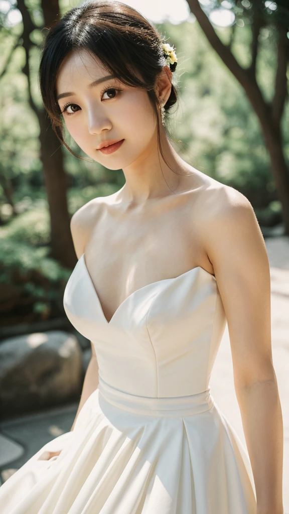 (sweat:0.7),light yellow wedding dress,white short skirt,woman,Japan,exquisite face, Beautiful face,bare shoulders,The shoulders are slightly open.,Bright skin,black eyes,black hair,(realistic:1.4),realistic details, high resolution,Bokeh,Outstanding details