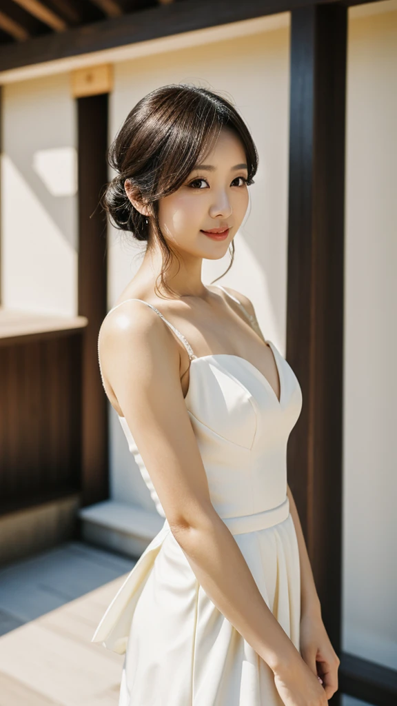 (sweat:0.7),light yellow wedding dress,white short skirt,woman,Japan,exquisite face, Beautiful face,bare shoulders,The shoulders are slightly open.,Bright skin,black eyes,black hair,(realistic:1.4),realistic details, high resolution,Bokeh,Outstanding details