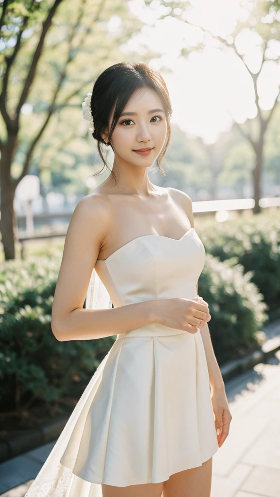 (sweat:0.7),light yellow wedding dress,white short skirt,woman,Japan,exquisite face, Beautiful face,bare shoulders,The shoulders are slightly open.,Bright skin,black eyes,black hair,(realistic:1.4),realistic details, high resolution,Bokeh,Outstanding details