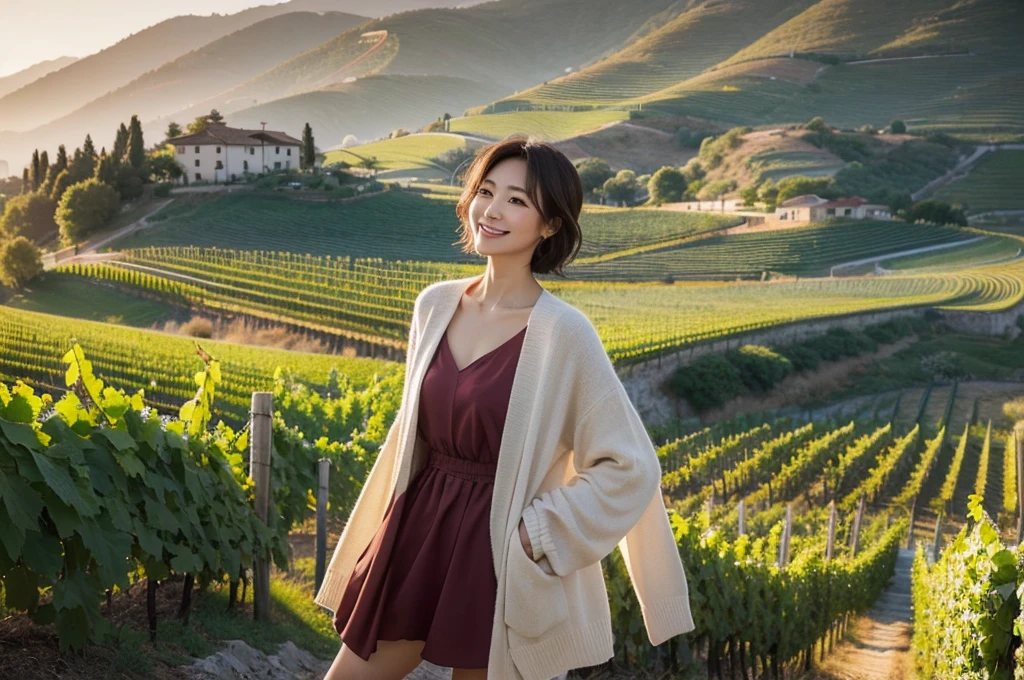 8k best picture quality, Beautiful 36-year-old Korean woman, Northern Italian countryside vineyard production area, View of the cathedral next to the vineyards, The back background is realistic and vivid quality., short medium hair, A luxury brand white T-shirt that covers the chest and a high-quality short cardigan., Wear casual pants, Smile slightly. the background is clear, looking up at the front camera.  Standing on a hill on a vineyard trail and looking at the vineyards, Dress modestly,  Well-groomed hair, Wide angle lens full body shot, 1 woman, red morning sunlight, The cathedral is visible in the distance
