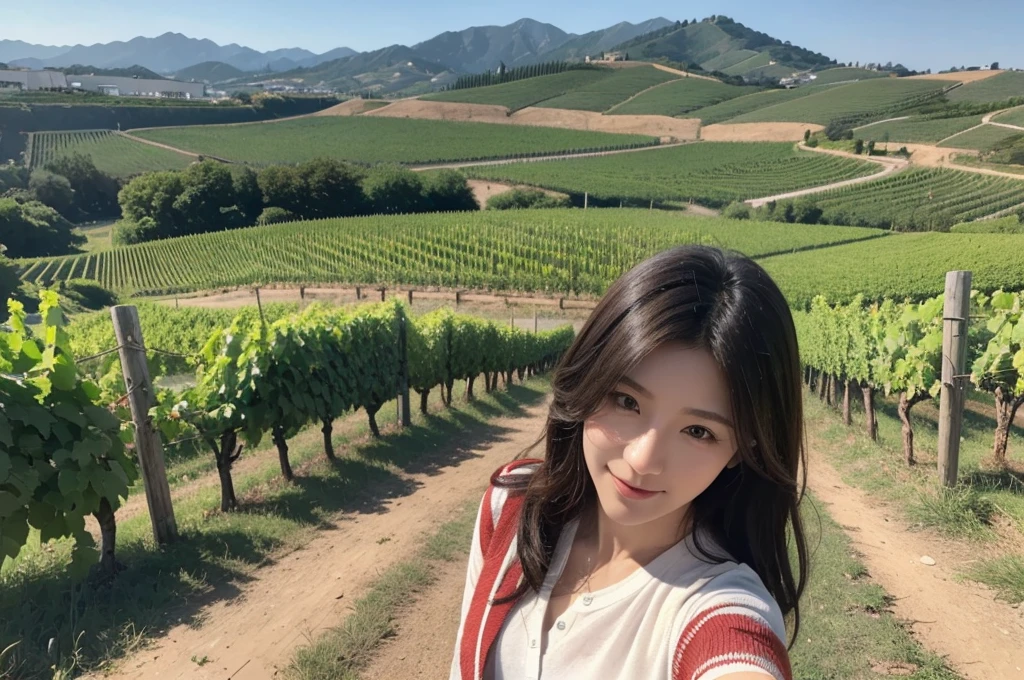 8k best picture quality, Beautiful 36-year-old Korean woman, Northern Italian countryside vineyard production area, View of the cathedral next to the vineyards, The back background is realistic and vivid quality., short medium hair, A luxury brand white T-shirt that covers the chest and a high-quality short cardigan., Wear casual pants, Smile slightly. the background is clear, looking up at the front camera. Standing on a hill on a vineyard trail and looking at the vineyards, Dress modestly, Well-groomed hair, Wide angle lens full body shot, 1 woman, red morning sunlight, The cathedral is visible in the distance