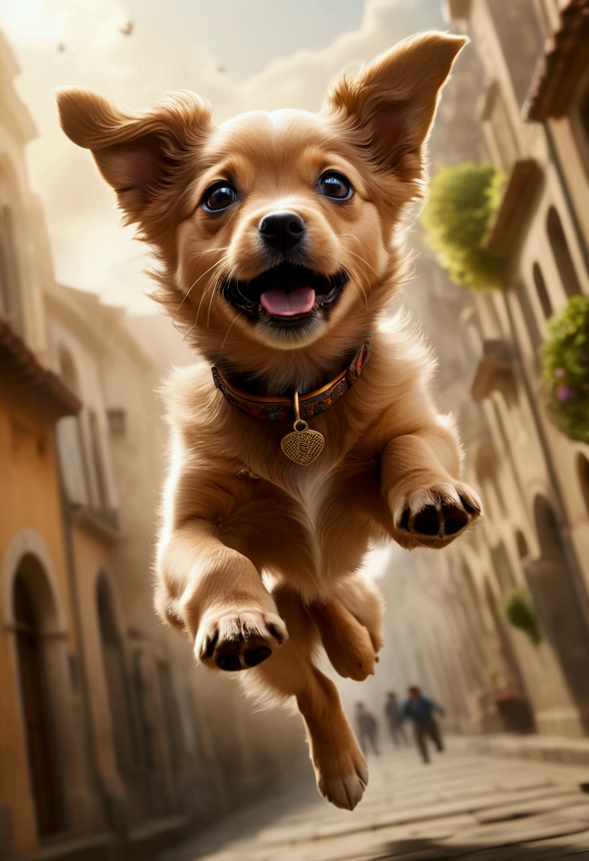 (Flying Puppy), god of dogs, Mythical legend, motion blur, full body, award-winning, cinematic still, emotional, vignette, dynamic, vivid, (masterpiece, best quality, Professional, perfect composition, very aesthetic, absurdres, ultra-detailed, intricate details:1.3)​