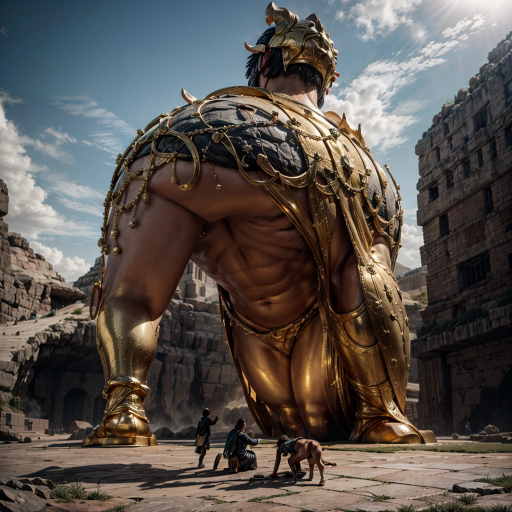 A crowd of people with their backs kneel in front of a statue resembling a golden calf, a dramatic scene that portrays biblical times, ultra realistic in 4k