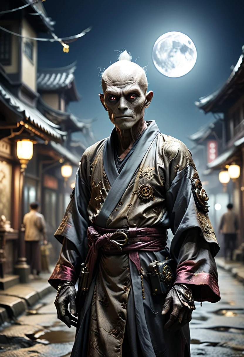 Steampunk night city、Full moon in the sky、Brilliant Light、Horror-themed movie stills,、Old man with an alien head、Arms crossed、No horns、(Full body portrait:1.3), Nurarihyon、I'm wearing a kimono, Shallow depth of field, Vignette, Very detailed, High budget, Bokeh, CinemaScope, Sulky, amazing, nice, Film Grain, granular . Creepy, Anxious, dark, Creepyな, Suspenseful, strict, Very detailed
