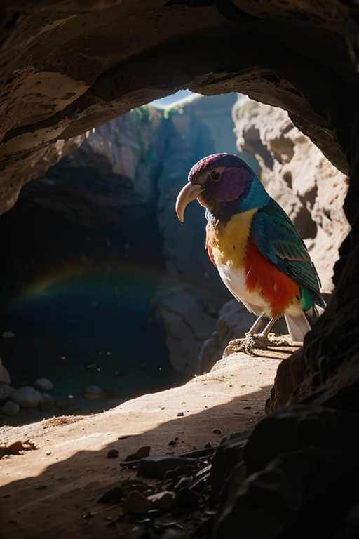 a bird with rainbow colored feathers in a cave