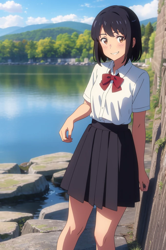 shinkai makoto, kimi no na wa., 1girl, bangs, black hair, blush, expressive eyes, brown eyes, perfect face, looking at the viewer, white shirt, bare shoulders, red headband, red bow, black skirt, short hair, solo, outdoors, shinny skin, smile, cute, grin, cloudy, blue sky, mountains, rocks, standing, (masterpiece), best quality