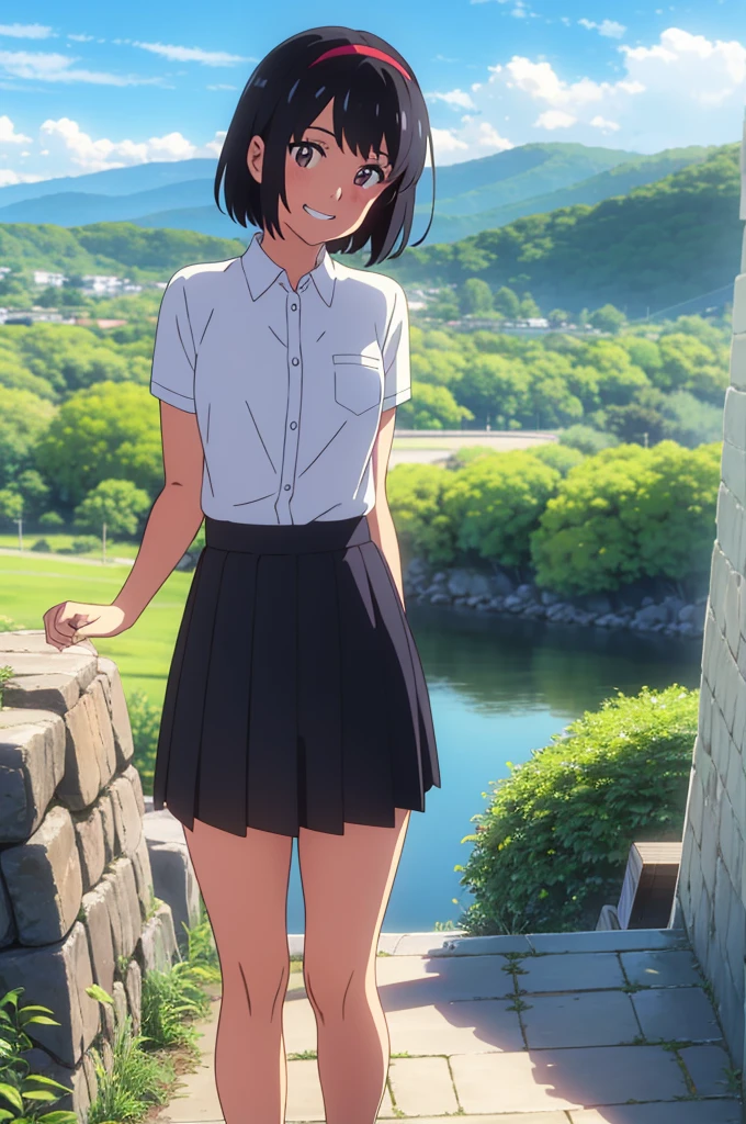 shinkai makoto, kimi no na wa., 1girl, bangs, black hair, blush, expressive eyes, brown eyes, perfect face, looking at the viewer, white shirt, bare shoulders, red headband, red bow, black skirt, short hair, solo, outdoors, shinny skin, smile, cute, grin, cloudy, blue sky, mountains, rocks, standing, (masterpiece), best quality