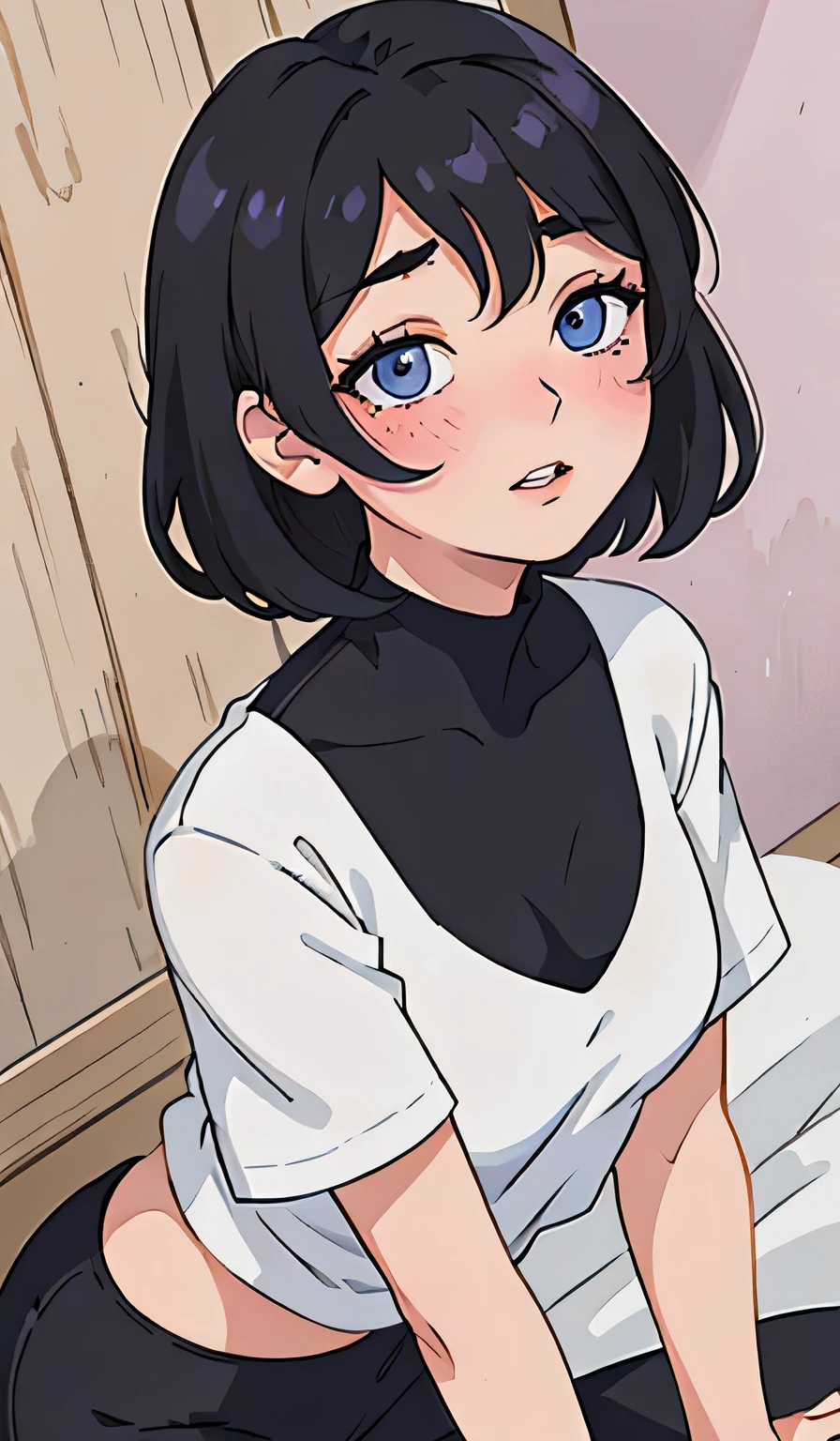 Sexy and cute woman, short black hair, bob style, plump face, seductive blue eyes, medium nose, deep pink blush, glossy red lips smiling, long neck, visible collarbone, white t shirt with black graphics tucked into shiny black pants, pinned against a wooden wall, natural lighting, intimate moment