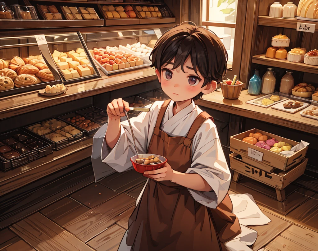 "Villager (boy) orders sweets from the confectioner, who prepares them sneakily."