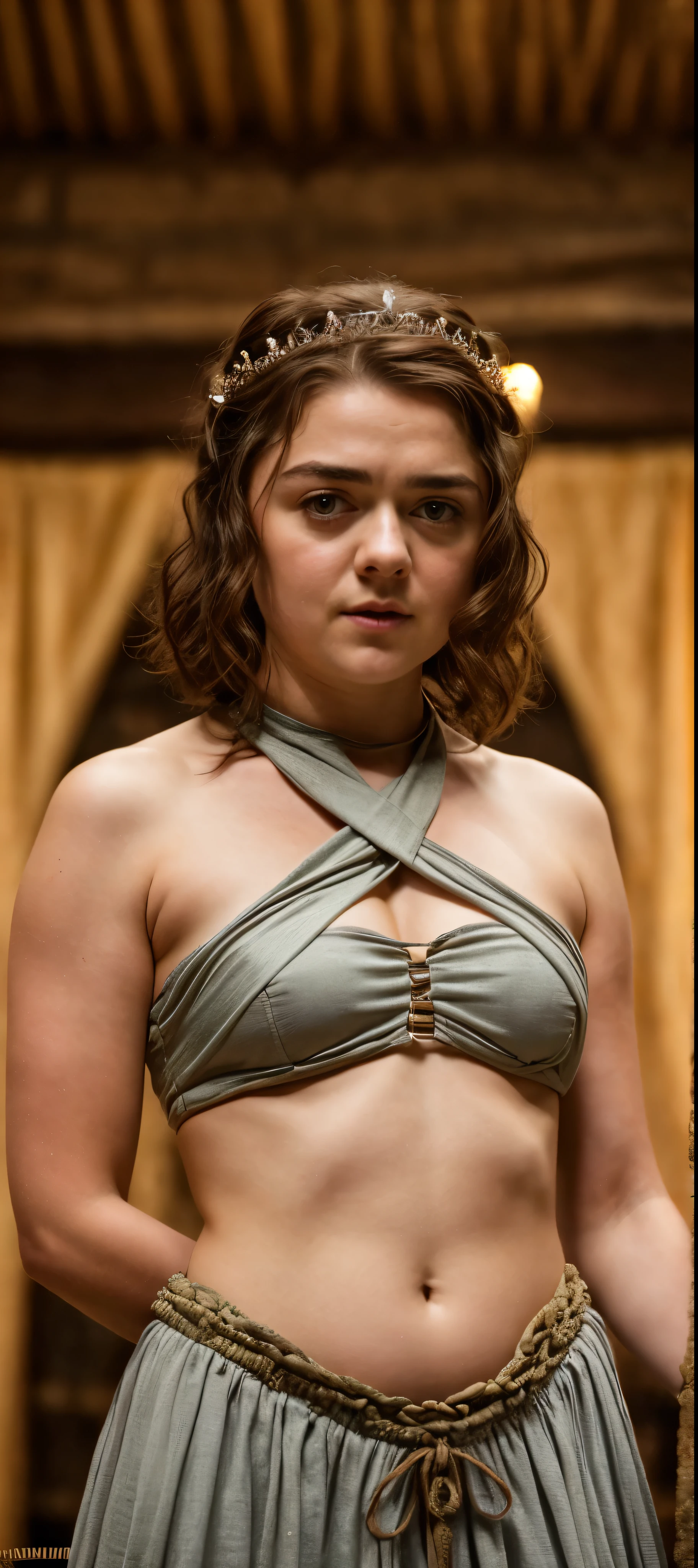 Foto RAW, Arya Stark, Stunning Beauty, Ravishing, Enchantress, Extremely gorgeous lady, Arya Stark PLAYED BY MAISIE WILLIAMS, Queen Arya Stark, she a mature woman now, milf, sexy mediaeval battle dress, gladiator woman, body, 40 years old Woman, Roman slave dress, cotton dress, busty mediaeval costumes, body revealing costumes, perky breast, big natural breast, erotic costumes, lusty physique, seductive figure can capture every people's attention, Game of thrones costumes, revealing captivating figure, Mediaeval costumes, revealing clothes, A tomboy, she would rather fence than dance, warrior queen , game of thrones screen caps, Game of Thrones Series, (pele altamente detalhada: 1.2), 8k UHD, DSLR, soft-lighting, alta qualidade, grain of film, Fujifilm XT3, flawless picture, highly detailed, detailed Beauty, intricate, 32k, sharp picture,