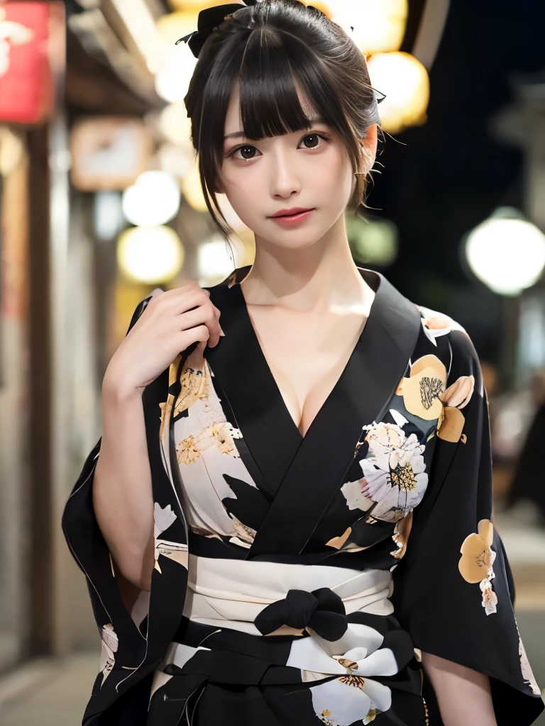 raw photo, 8k, (top-quality), Realistic, (real picture, Intricate details), (natural skin texture, detailed skin, hyper realism, sharpness), (pale skin:1.5), Japanese age girl walking in shopping street at night, exposing cleavage, (sexy floral black yukata:1.5), slender body, bun hairstyle, blunt bangs, night time
