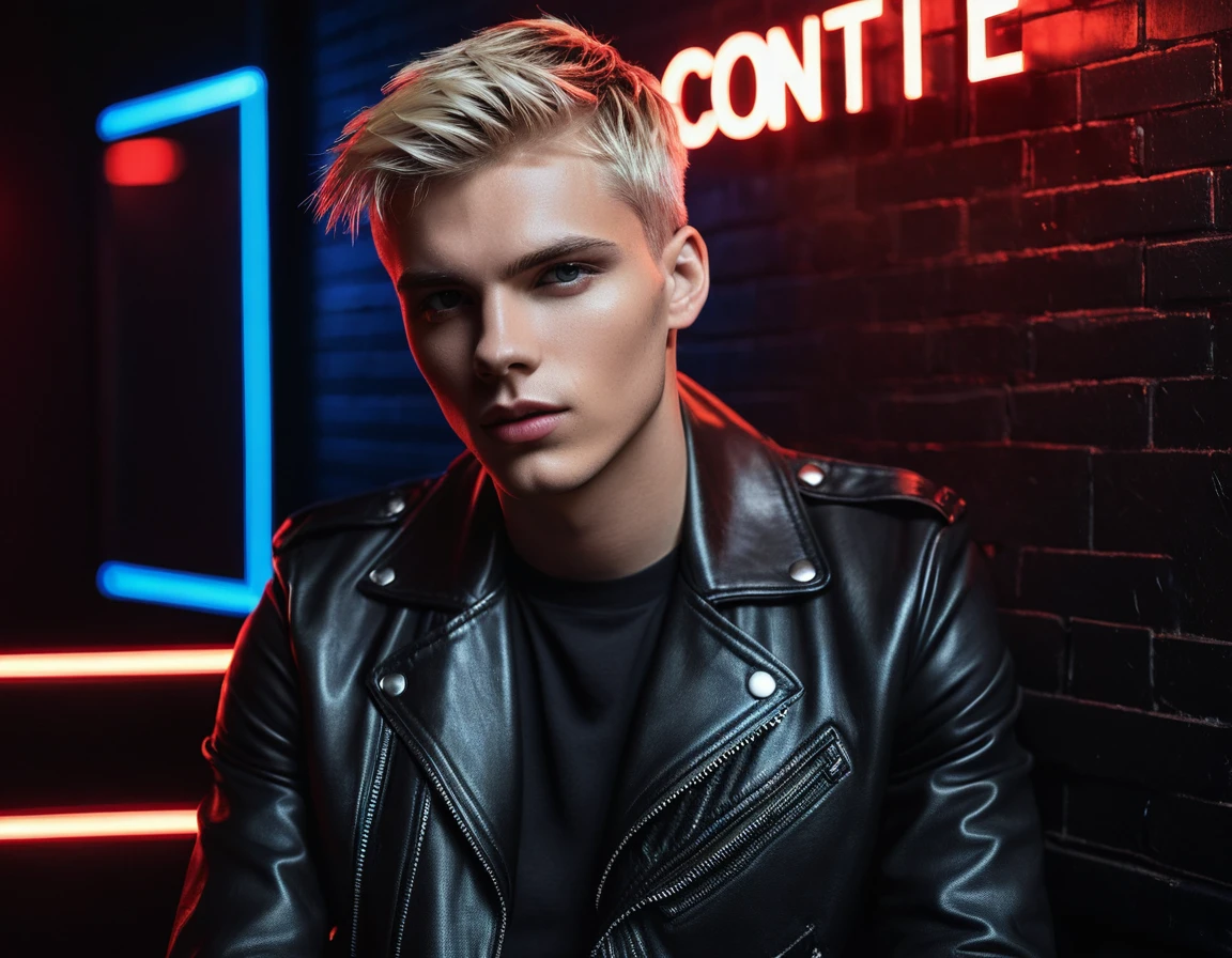 Hyper realistic, dark vibes, solo, young male fashion model, round face shape, 22 years, pale skin, blue eyes, (short cropped textured blond hair:1.1), tussled side swept fringe, black leather jacket, (holding a knife:1.1), dark lighting, in luxury night club room, (smirk:1.1), (red neon sign in background that says "CONTEXT":1.1)