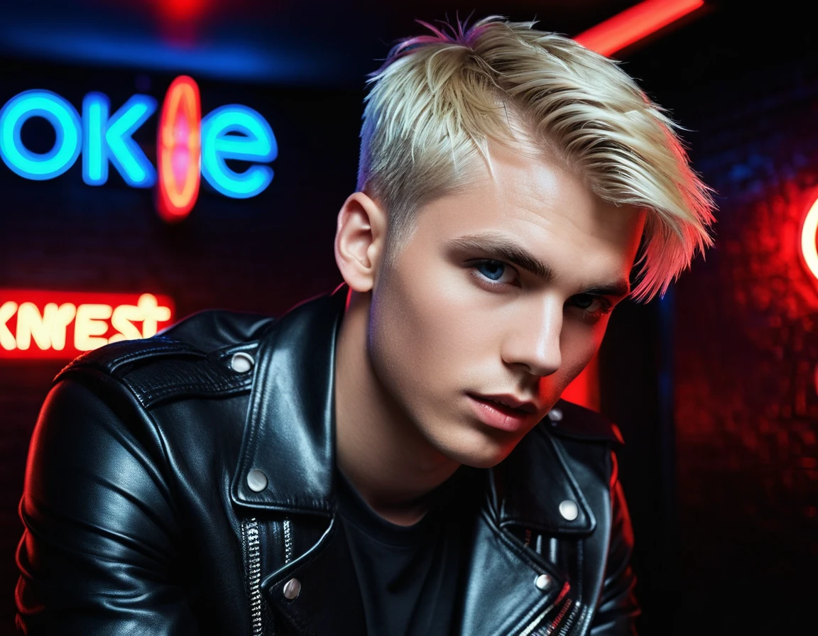 Hyper realistic, dark vibes, solo, young male fashion model, round face shape, 22 years, pale skin, blue eyes, (short cropped textured blond hair:1.1), tussled side swept fringe, black leather jacket, (holding a knife:1.1), dark lighting, in luxury night club room, (smirk:1.1), (red neon sign in background that says "CONTEXT":1.1)