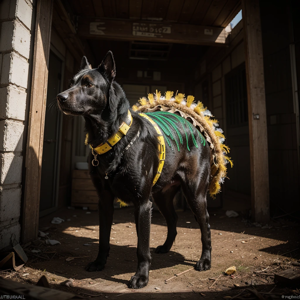 A captivating, high-contrast black and white photograph with striking red, green, and yellow accents. The image, captured by the talented André Uhlisch for National Geographic, features a vibrant, old seestar, dressed in a glistening, elaborate costume. The seestern is adorned with delicate fur arm prosthetics and dust leg prosthetics. standing on top of a big tree In a post-apocalyptic style, the fish rides atop the head of a dog, adding an unexpected and surreal element to the composition.