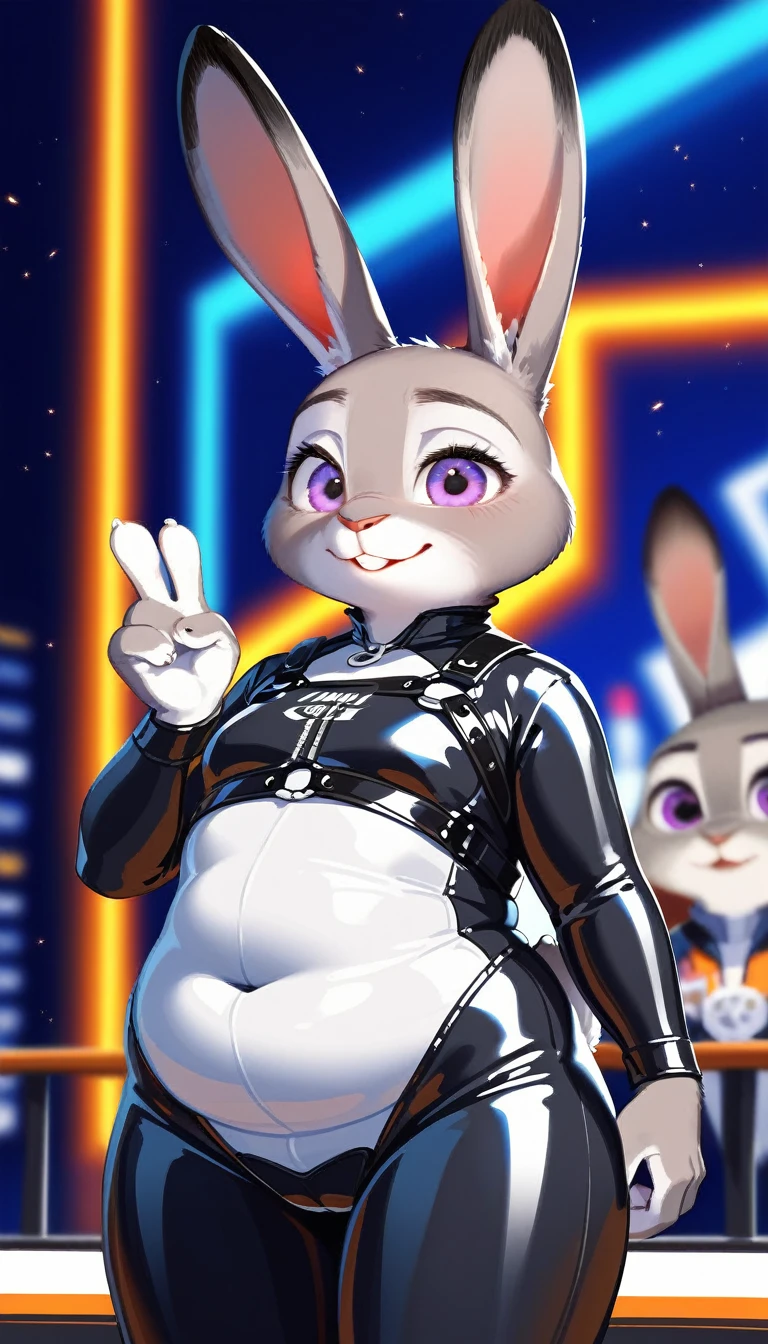 Judy hopps from Zootopia, Judy hopps,animation, Highest quality, Highest quality, High quality illustrations, masterpiece, Ultra-high resolution, Detailed Background, cyber-, Absurd, Perfect Anatomy, leaning, show off body, show case of body, Good lighting, Shadows in the movies(kemono, Furry PersonifiCation), rabbit, bunny, Rubber suit, latex, neon, neonライト, neonカラー, Racing Suits, Bodysuits, Harness, Leather Half Jacket, bedroom, Zootopia , thick body, Thick,chubby, chubby and thick 